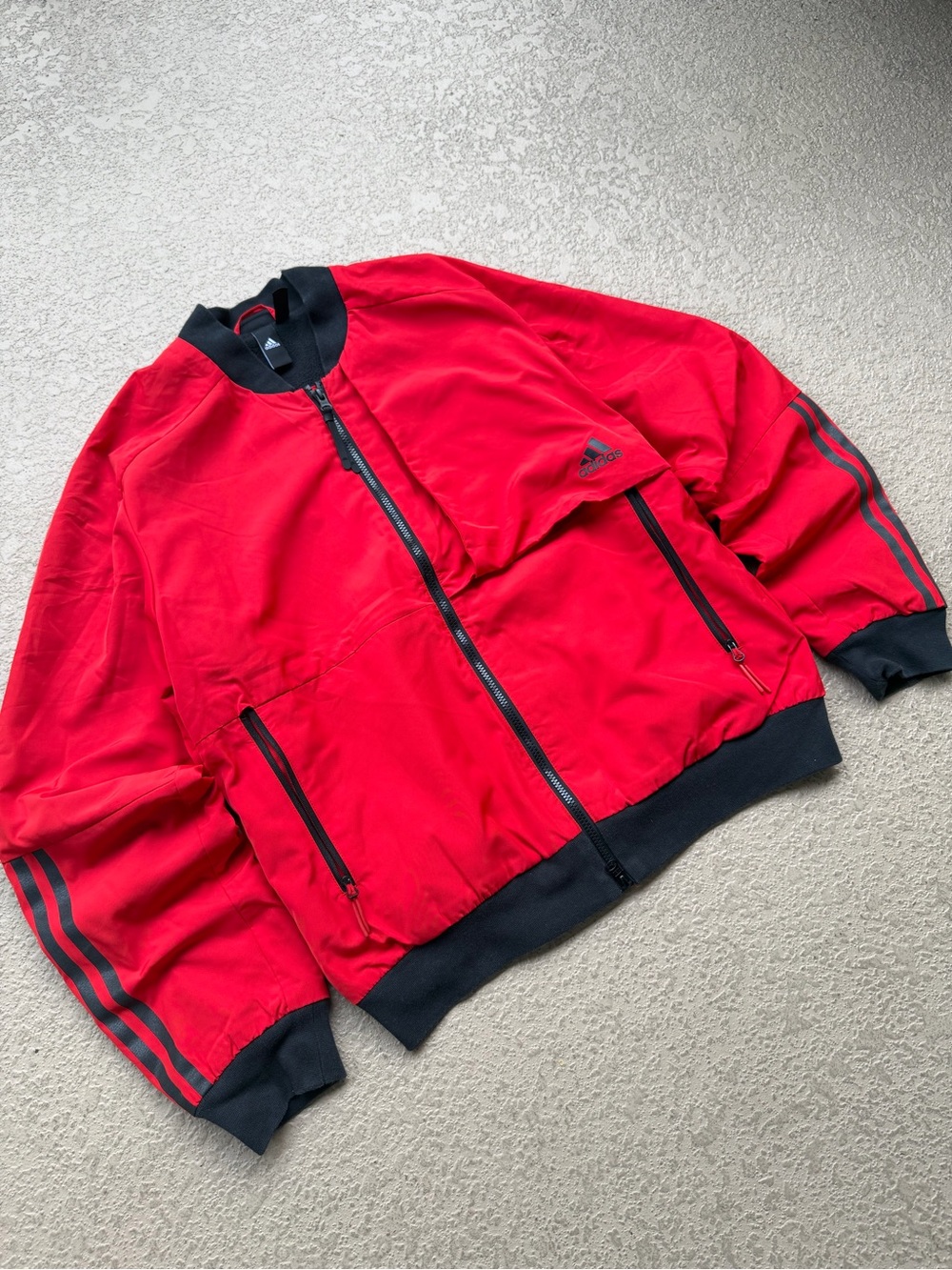 adidas Red Bomber Jacket with Black Trim and Stripe Detail